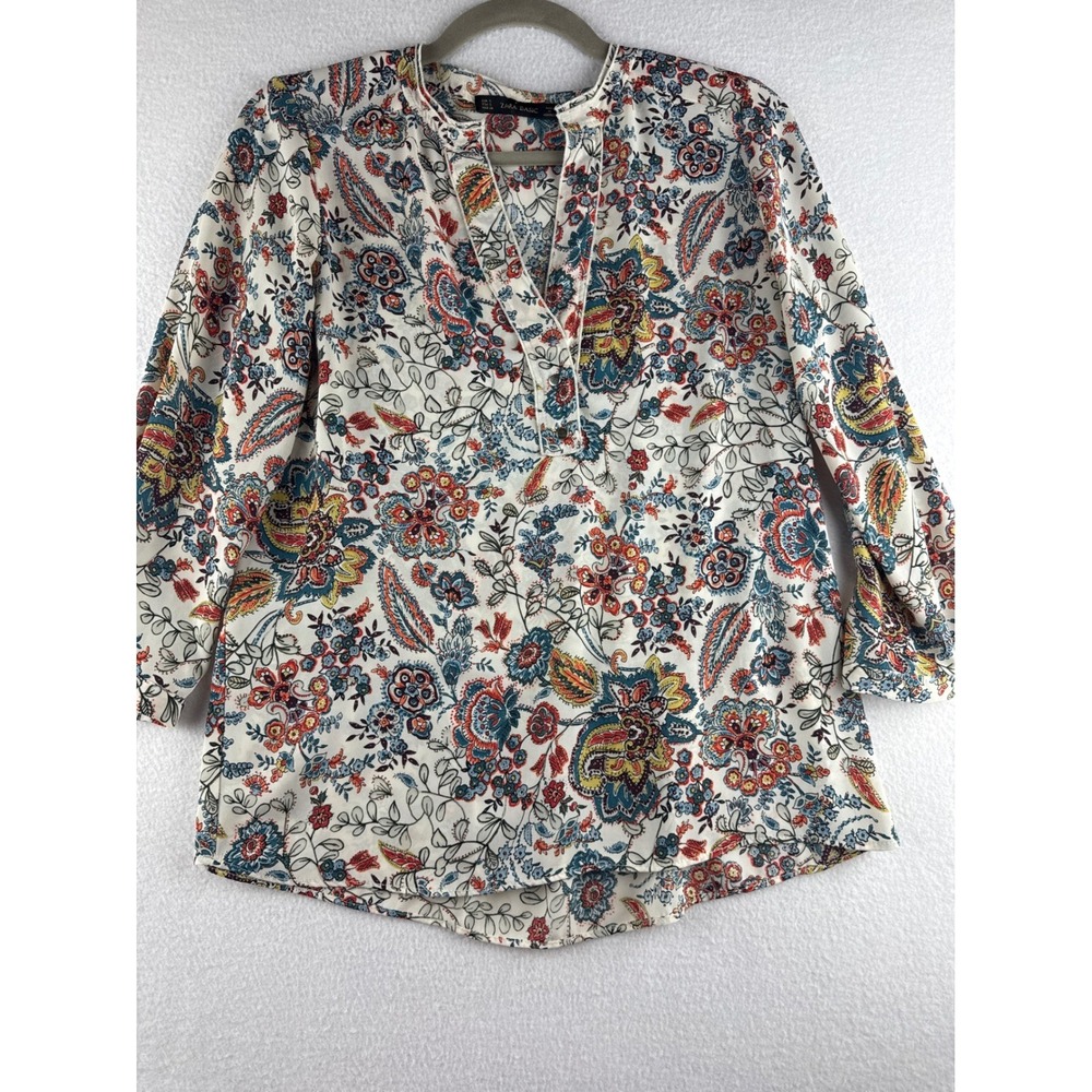 Zara Basic Womens Small Paisley Floral Split Neck Peplum Back Blouse Multicolor